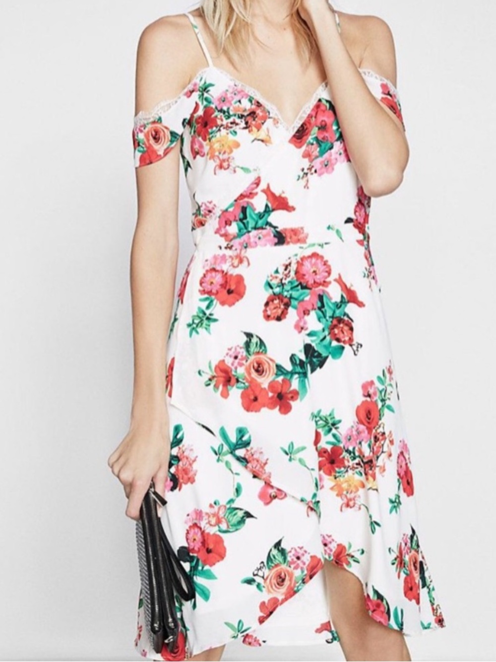 Express White Cold-Shoulder Floral Slip Dress with Pink & Red Blooms